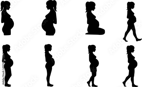 set of Icon of a pregnant woman with a visible belly.
