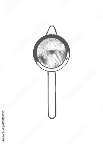A detailed vector illustration of a fine mesh strainer or sieve with a handle.