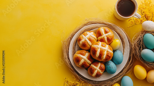 hot cross buns with easter eggs and coffee on yellow background