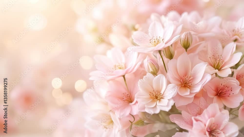 Soft pink flowers gently sway, creating a delicate and romantic atmosphere. Close-up petals bathed in soft light, highlighting their beauty against a blurred background
