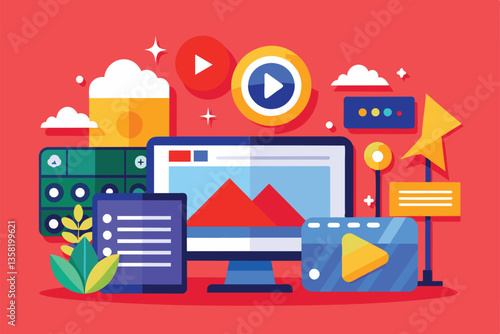 This illustration showcases customizable video upload features with various digital tools and elements, Video upload Customizable Flat Illustration