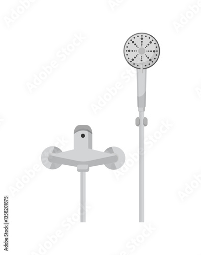 Vector illustration of a shower head and valve set. The set includes a shower head and a mixing valve, designed for contemporary showers.