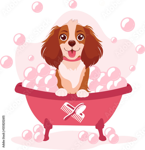 Pet Grooming salon vector illustration, cute Dog in the Bath