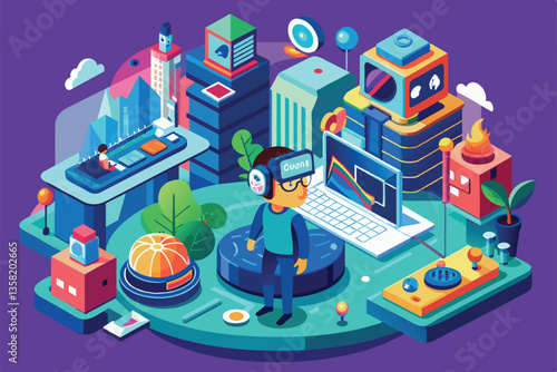 A person engages with an immersive virtual reality environment surrounded by tech and creativity, Virtual reality Customizable Flat Illustration