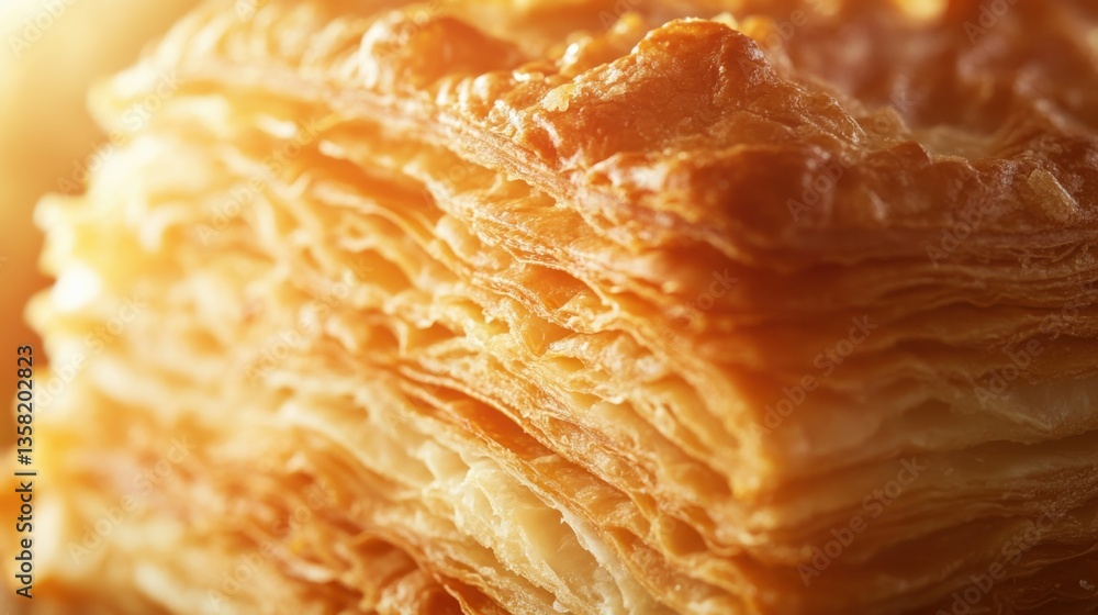 Flaky Golden Pastry Layers Highlighting Texture and Warmth in Delicious Baked Good Flaky Golden Pastry Layers Highlighting Texture and Warmth in Delicious Baked Good