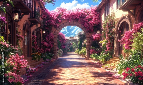 Sunlit cobblestone path, arched entryway, lush pink flowering plants, Mediterranean-style buildings