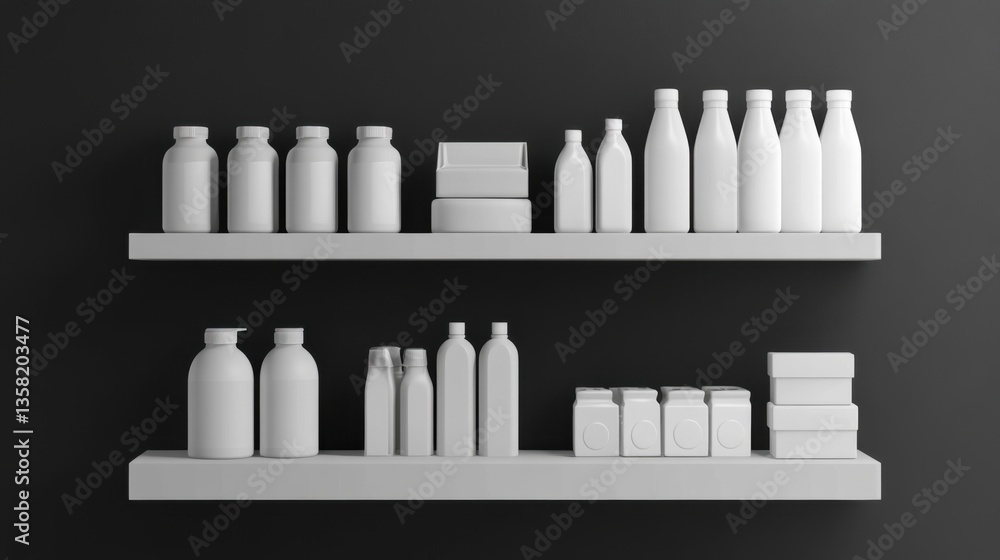 3D render of shelves with white bottles and cartons on a black background, front view, 2D illustration 3D render of shelves with white bottles and cartons on a black background, front view, 2D illustration