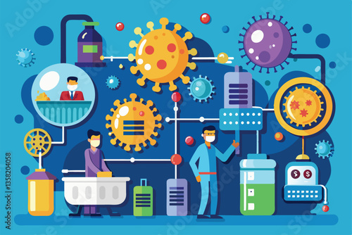 Experts work on customizable virus disinfection methods using advanced technology and safety precautions, Virus disinfection Customizable Disproportionate Illustration