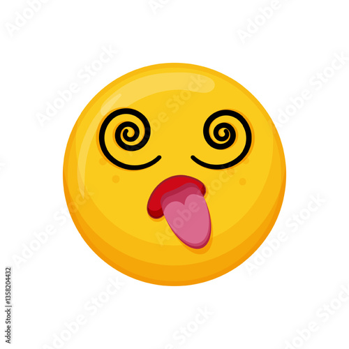 Vector illustration of a yellow emoticon with a dizzy expression, spiral eyes and tongue out.