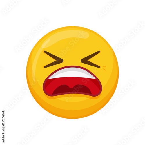 Vector illustration of a yellow emoticon with a screaming expression, open mouth and closed eyes.