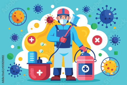 A health worker stands prepared with disinfectant equipment to combat viruses and ensure safety, Virus disinfection Customizable Flat Illustration