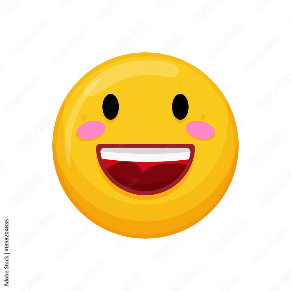 Fototapeta premium Vector illustration of a yellow emoticon with a happy expression, pink cheeks and a wide smile.