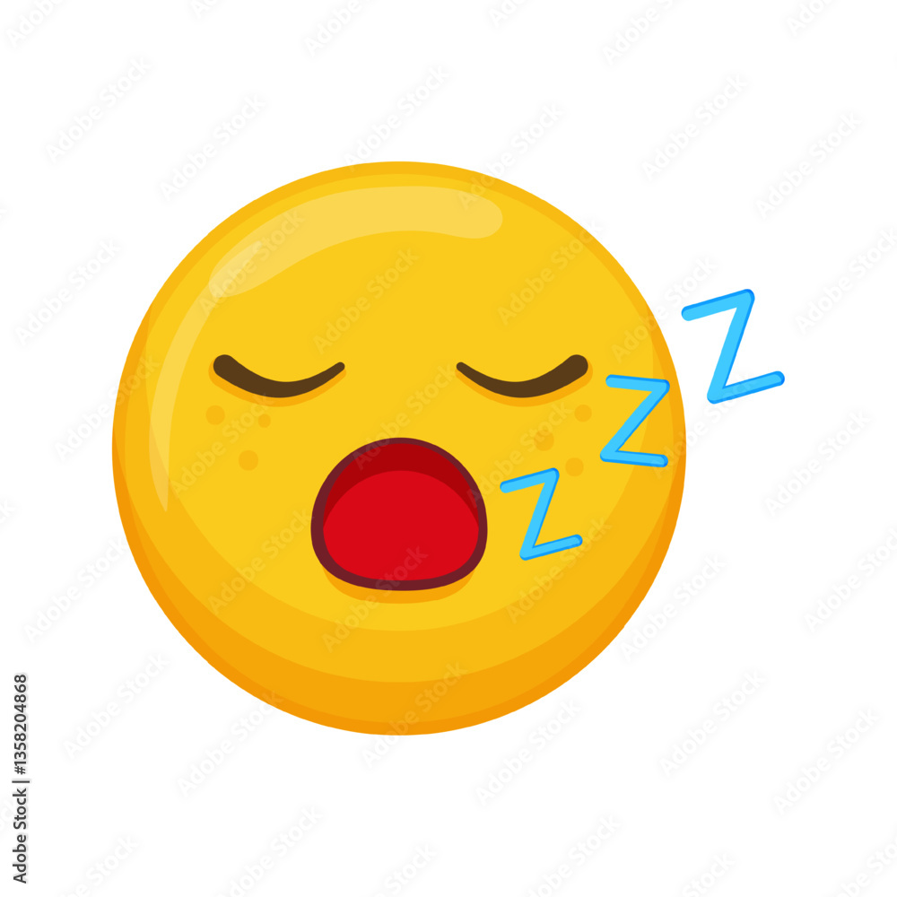 Fototapeta premium Vector illustration of a yellow emoticon with a sleeping expression, open mouth and Zzz symbols.