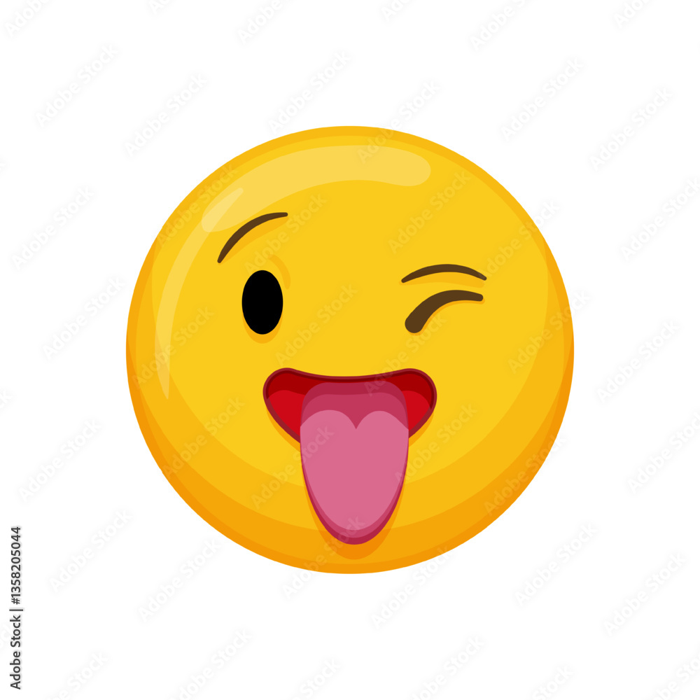 Fototapeta premium Vector illustration of a yellow emoticon with a winking expression, tongue out and a smile.