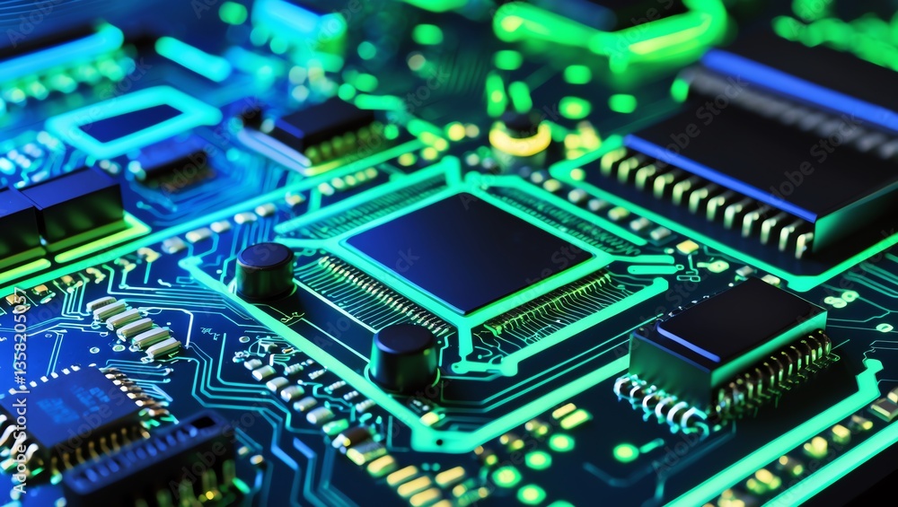 High-Tech Neon PCB with Microprocessors and Electric Pathways High-Tech Neon PCB with Microprocessors and Electric Pathways