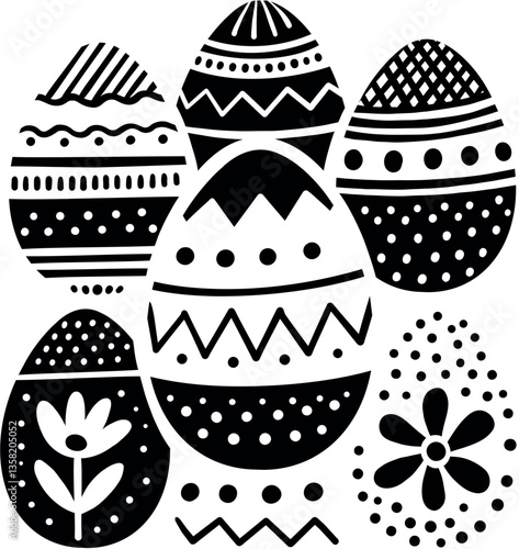 Decorative Easter Eggs in Black and White Vector Style