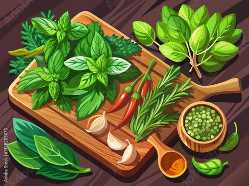 vector of  A vibrant assortment of fresh culinary herbs, including basil, mint, rosemary, and parsley, displayed on a wooden cutting board, ready for cooking.