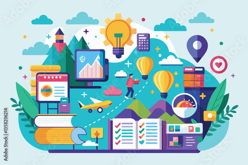 Explore a vibrant, customizable vision board featuring inspirational elements and a creative layout, Vision board Customizable Semi Flat Illustration