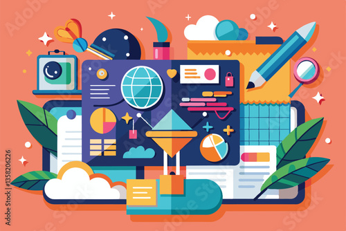 A vibrant vision board showcases diverse elements for creative planning, including notes, charts, and imagery, Vision board Customizable Semi Flat Illustration
