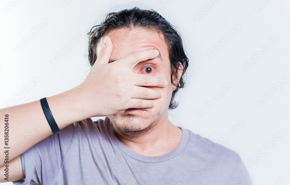 Young man with conjunctivitis isolated. People with irritated eye looking at camera isolated. Man with eye infection isolated Young man with conjunctivitis isolated. People with irritated eye looking at camera isolated. Man with eye infection isolated