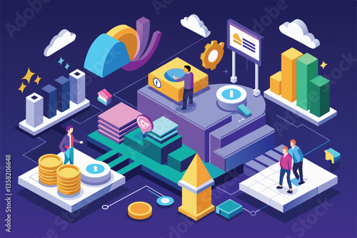 A colorful isometric illustration shows various financial elements and growth indicators, promoting customization, Vision statement Customizable Isometric Illustration