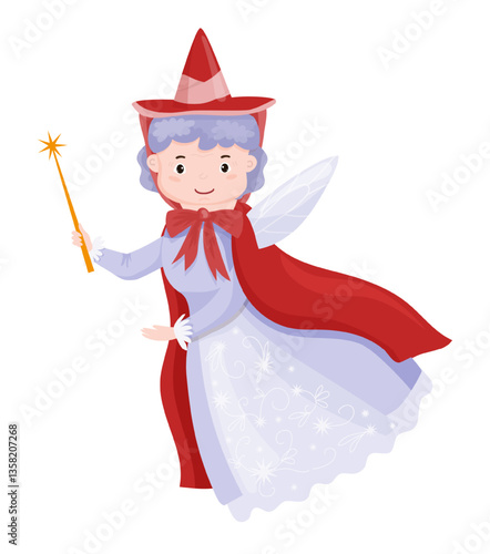 Vector illustration of a fairy godmother with a wand, featuring a pink and white character with wings. The scene captures a fairytale character.