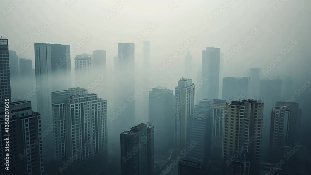 A modern city shrouded in thick fog, with the tops of buildings barely visible. A modern city shrouded in thick fog, with the tops of buildings barely visible.