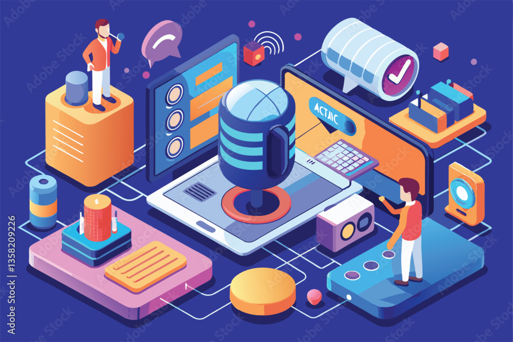 Obraz premium An isometric illustration features a customizable voice assistant with various screens and devices activated, Voice assistant Customizable Isometric Illustration