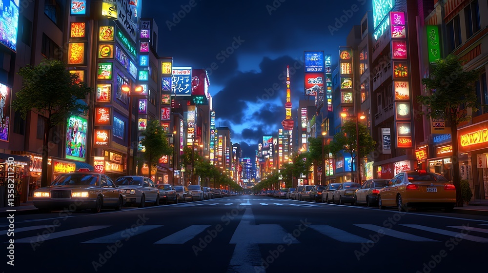 Fototapeta premium Cyberpunk street filled with colorful signs and glowing tower image