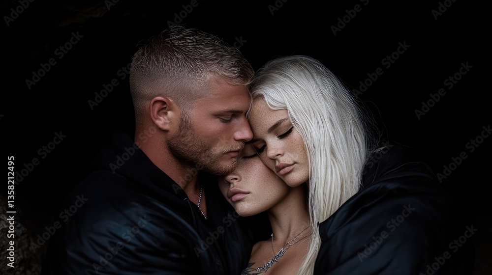Close-up intimate embrace of three people Close-up intimate embrace of three people