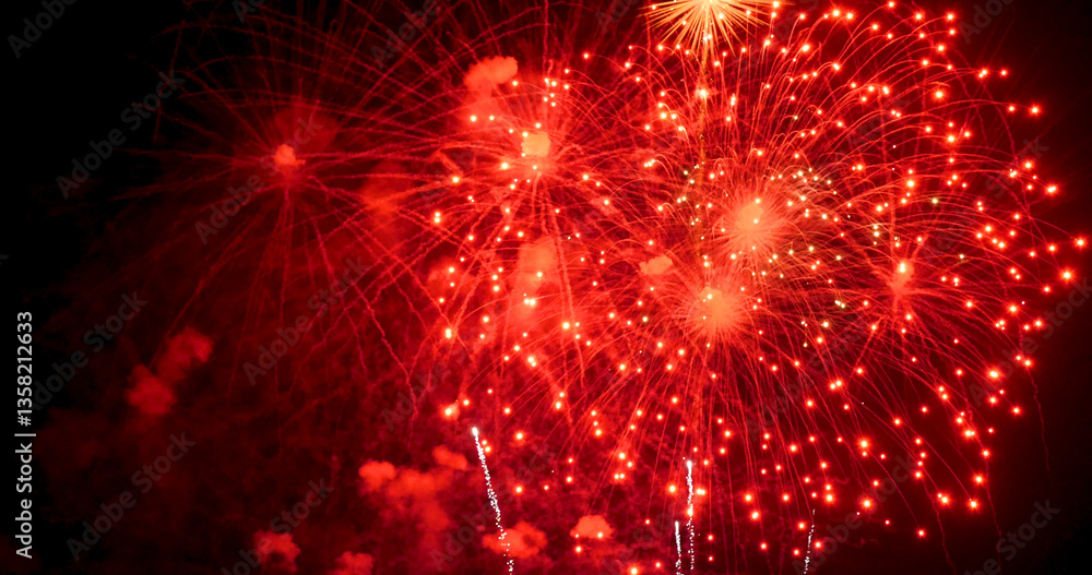 Fototapeta premium Red Firework celebrate anniversary happy new year 2025, 4th of july holiday festival. red firework in night time celebrate national holiday. Countdown to new year 2025 festival party time event