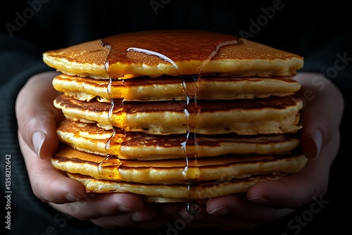 Wallpaper Mural A stack of golden pancakes with syrup held in hands Torontodigital.ca