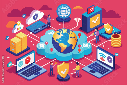 People interact with technology tools, emphasizing global connectivity and cybersecurity concepts online, Vpn