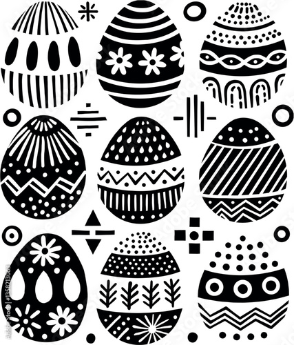 Set of Decorative Easter Eggs in Modern Black and White Design