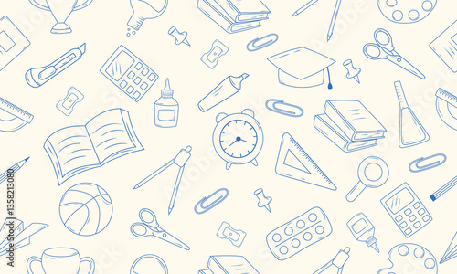 A set of hand-drawn school supplies icons. Education design elements. Vector illustration.