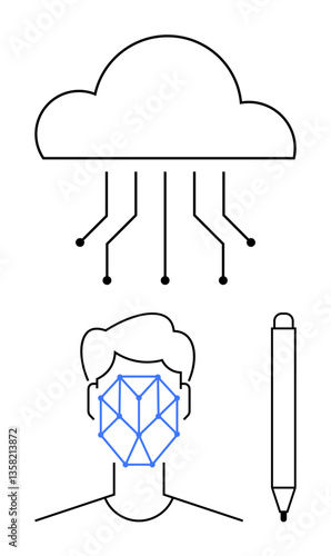 Cloud linked to circuits, human face with recognition grid, stylus pen. Ideal for AI, data security, innovation, cloud connectivity, biometrics identity verification automation. Flat simple
