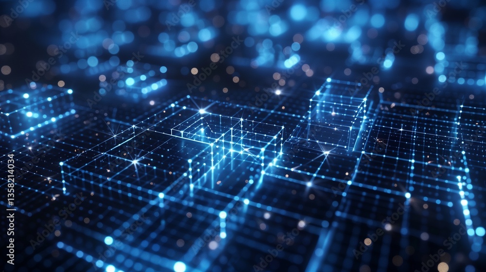 Isometric Neon Grid Structure with Glowing Blue and Pink Lights in a Futuristic Digital Landscape Isometric Neon Grid Structure with Glowing Blue and Pink Lights in a Futuristic Digital Landscape