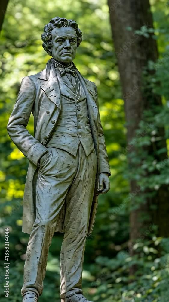 Historic bronze statue of a distinguished man in elegant clothing surrounded by lush green forest Historic bronze statue of a distinguished man in elegant clothing surrounded by lush green forest