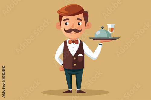 A cheerful waiter holds a tray with a drink and a covered dish, ready to serve guests in a vibrant atmosphere, Waiters Customizable Cartoon Illustration