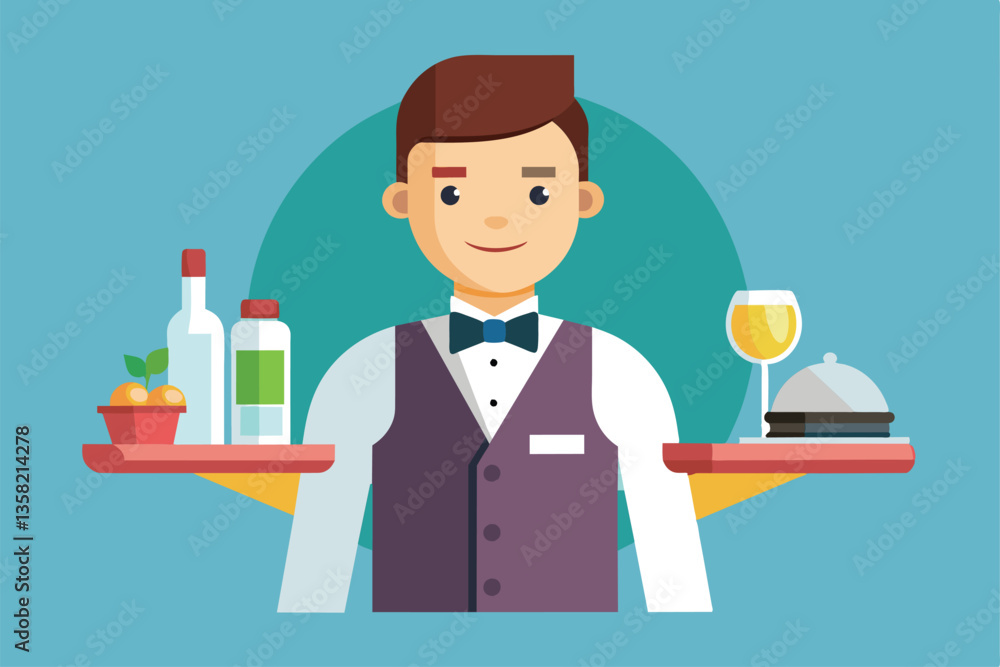 A waiter holds two trays filled with drinks and food, showcasing a vibrant and inviting service atmosphere, Waiters Customizable Flat Illustration A waiter holds two trays filled with drinks and food, showcasing a vibrant and inviting service atmosphere, Waiters Customizable Flat Illustration