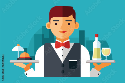 A friendly waiter serves a delicious meal and refreshing drinks with a welcoming smile, Waiters Customizable Flat Illustration