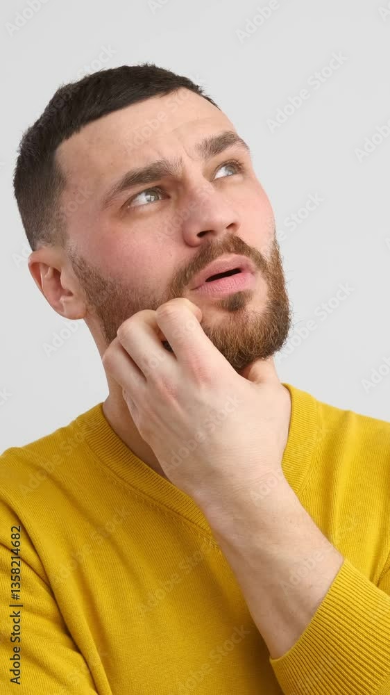 Pensive man with a brilliant idea becoming amazed on a white background. Imagination and creativity leading to a solution. Vertical video. Pensive man with a brilliant idea becoming amazed on a white background. Imagination and creativity leading to a solution. Vertical video.