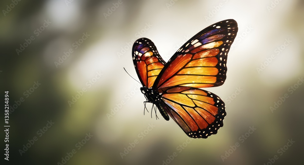 Fototapeta premium Monarch Butterfly in Flight with Forest.