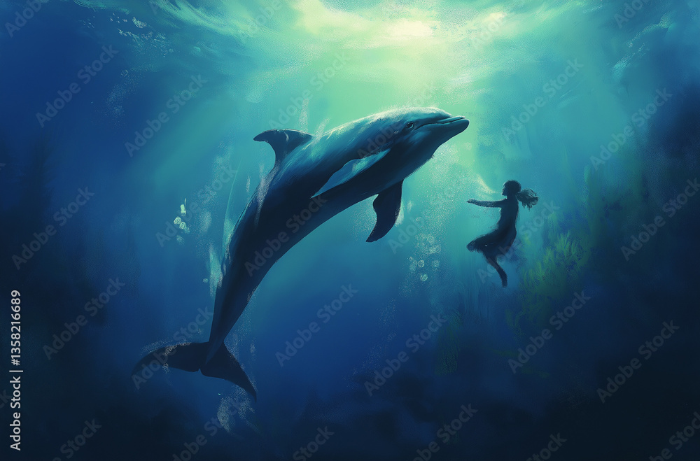 Fototapeta premium Incredible heartwarming scene of a joyful dolphin and human swimming together in perfect harmonious unity