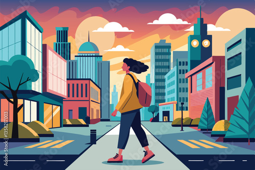 A woman strolls down a city street at sunset, enjoying the colorful skyline and urban atmosphere, Walk in the city Customizable Disproportionate Illustration