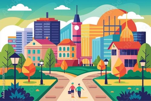 Two friends stroll along a vibrant city path surrounded by colorful buildings and lush greenery at dusk, Walk in the city Customizable Flat Illustration