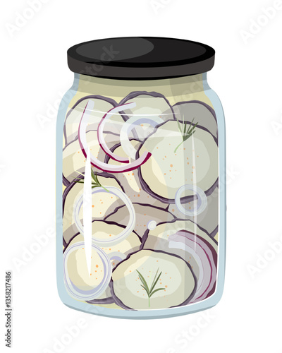 Vector illustration of a jar filled with pickled eggplant and onions, featuring a glass jar with a black lid. The scene captures preserved food in a container.