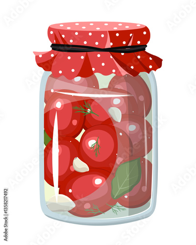 Vector illustration of a jar filled with pickled tomatoes, featuring a glass jar with a red fabric top. The scene captures preserved food in a container.