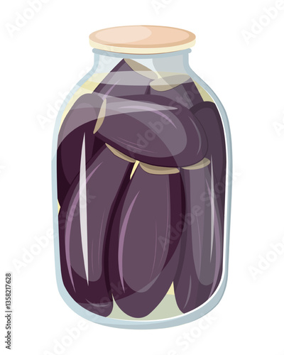Vector illustration of a jar filled with pickled eggplants, featuring a glass jar. The scene captures preserved food in a container.