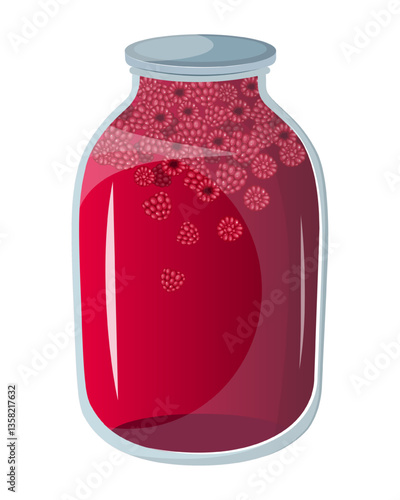 Vector illustration of a jar filled with raspberry compote, featuring a glass jar. The scene captures preserved food in a container.